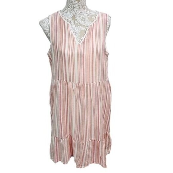 Ronnie Nicole Dress Mini Sleeveless Pink Stripped Ruffled Tiers Women's Large - Picture 1 of 6